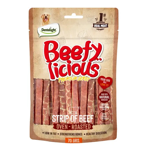Dentalight Beefy Licious Jerky Treats For Dogs-Strip of Beef 70g Dentallight