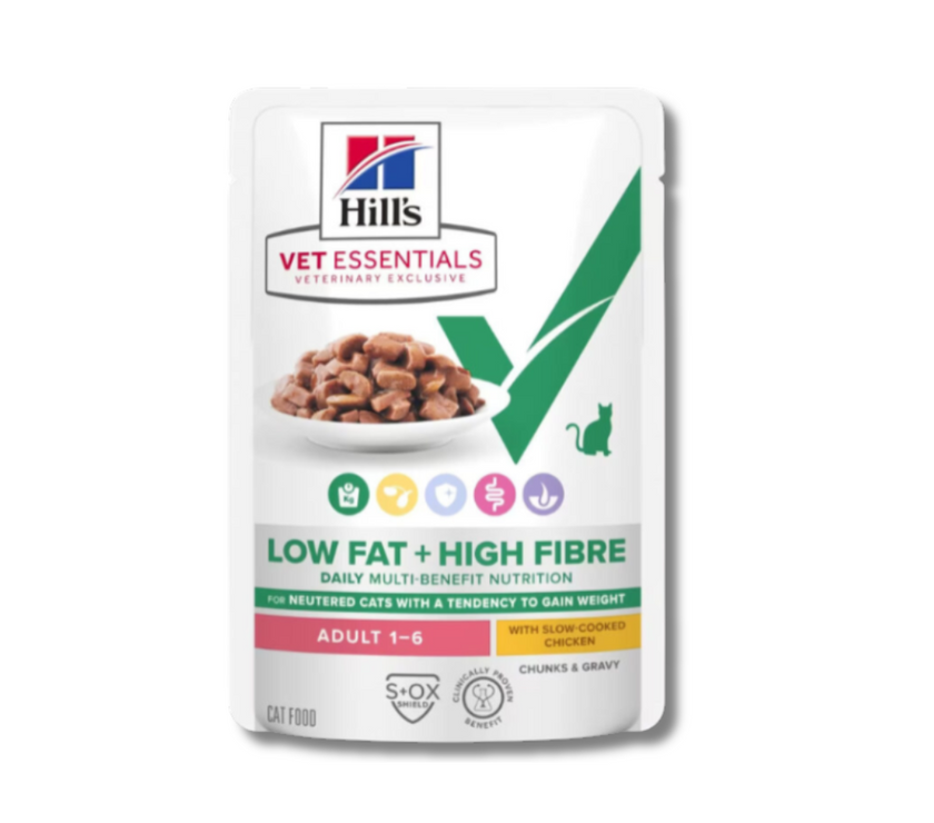 Hill's Vet Essentials Multi- Benefit+ Weight Low fat +High Fibre Wet Cat Food with Slow-cooked Chicken 12x85g