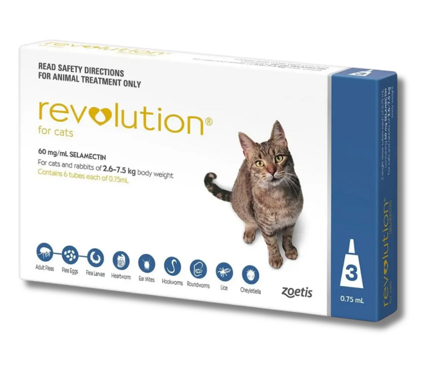 REVOLUTION THE COMPLETE FLEA, TICK, AND HEARTWORM PREVENTION FOR CATS 6% / 45 MG (2.6-7.5 KG) - BLUE (3 DOSES)